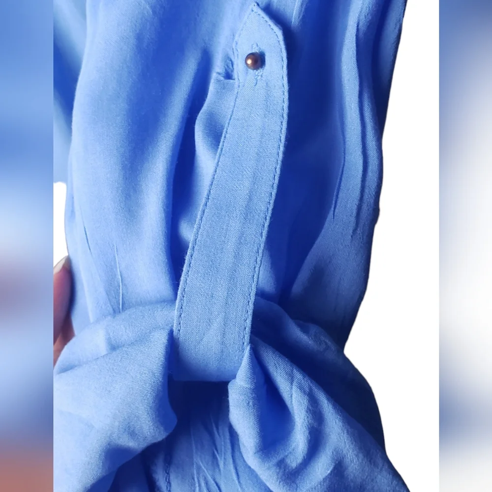 COPY - ⚪2/$20 Zara Henley Roll-Tab Sleeve Viscose Blouse Periwinkle Blue - Picture 6 of 9